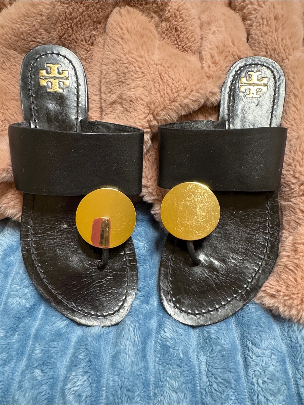 Tory Burch Black Leather Thong Sandals with Gold Medallions